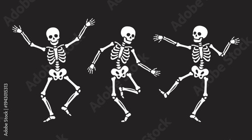 Three cartoon skeletons dancing happily on a dark background, celebrating Halloween or a spooky event with joyful poses.