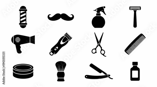 Collection of black silhouette icons representing various tools and accessories used in barber shops and for men's grooming.