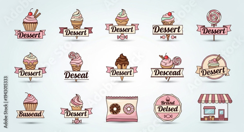 Collection of hand-drawn dessert logos and icons.