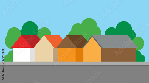 A minimalist flat design illustration of a residential street with several houses and green trees under a clear blue sky.