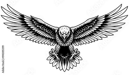 Aggressive Flying Eagle Tattoo Style Vector – Monochrome Inked Raptor with Spread Wings