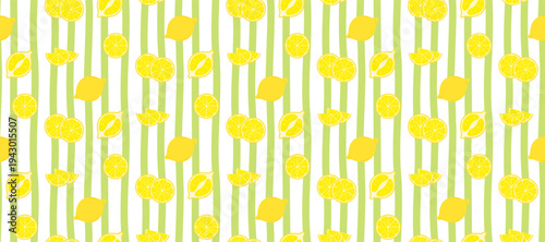 Seamless lemon pattern with citrus slices and hand-drawn green stripes on white background. Vector illustration