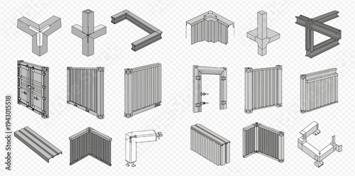 Set of various metal profiles, connectors, and structural elements for industrial and construction design on a transparent background.