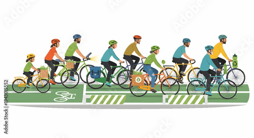 Cyclists riding on a bike lane, group of people on bicycles