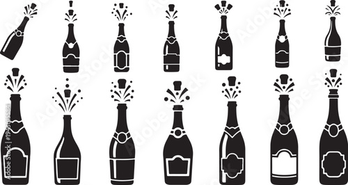 Black and white champagne bottles celebration icons set