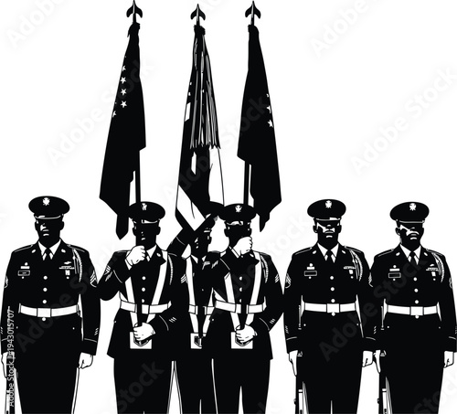 Military honor guard soldiers with flags ceremonial formation, patriotic army tribute concept, cad drawing flat vector illustration design