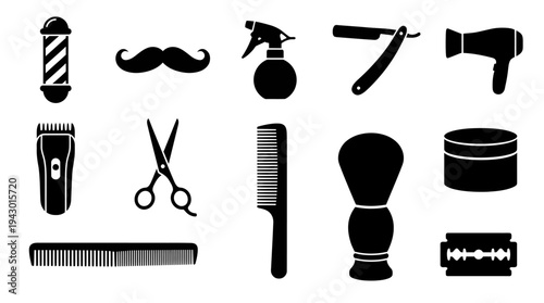 A collection of black silhouette icons representing various barber and hairdressing tools and accessories, including clippers, razors, combs, scissors, and a barber pole.