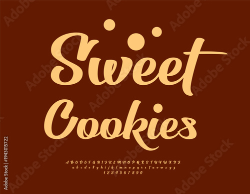 Vector Delicious label Sweet Cookies. Beautiful Cursive Font. Stylish Alphabet Letters and Numbers set.