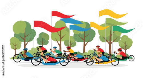 Cyclists riding bicycles with colorful flags in a park