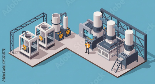 Industrial Factory with Worker and Equipment.