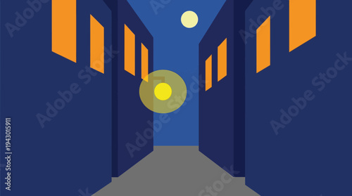 Stylized night scene of an urban alleyway between buildings with a glowing street light and moon.
