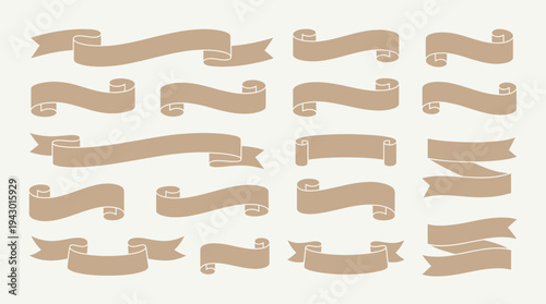 A collection of various vintage-style beige ribbon and banner designs, featuring different shapes, curls, and ends, suitable for decorative graphic elements.