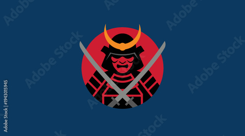 Stylized samurai warrior emblem with crossed katanas on a red circle and dark blue background, representing strength and Japanese culture.