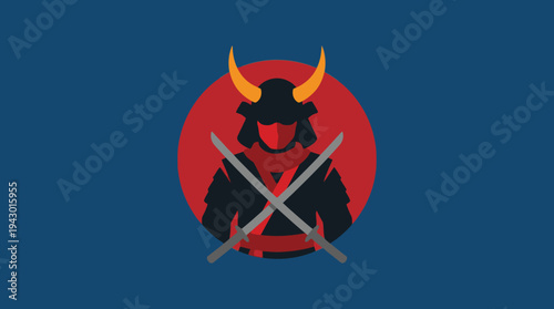 Stylized samurai warrior icon with horned helmet and crossed katanas on a red circle background.