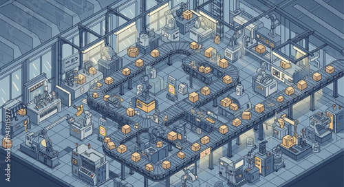 Industrial Factory with Workers and Machines.