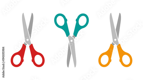 Three colorful pairs of scissors with red, teal, and orange handles, open and ready for cutting, isolated on a white background.