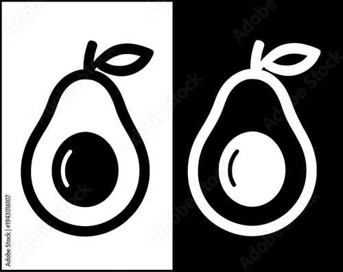 Avocado fruit icon set, black and white with original and negative design, transparent PNG