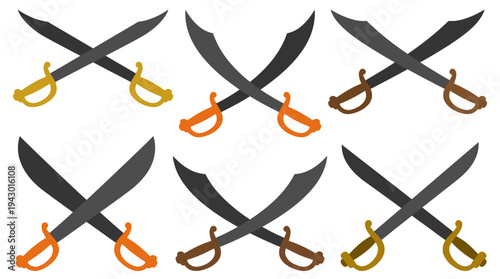Six pairs of crossed pirate sabers or cutlasses with different colored handles, isolated on a white background.