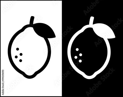 Lemon fruit icon set, black and white with original and negative design