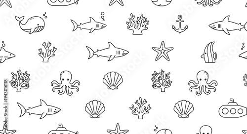 Black and White Ocean Creatures and Objects.