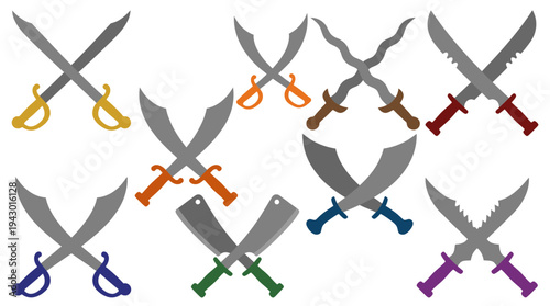 Collection of various crossed swords, daggers, and cleavers with different handle colors and blade designs, arranged in a grid.