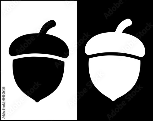 Acorn icon set, black and white with original and negative design, transparent PNG