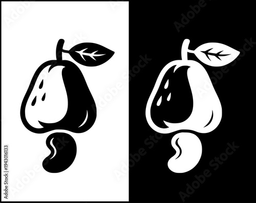 Cashew fruit icon set, black and white with original and negative design