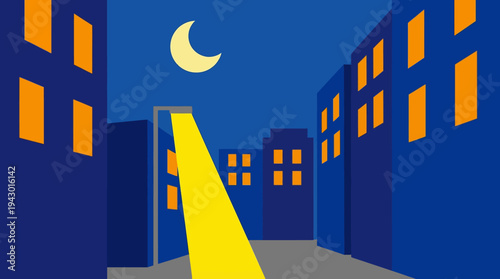 Stylized illustration of a quiet city street at night with illuminated windows and a bright street lamp under a crescent moon.