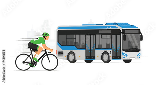 Cyclist riding next to blue bus on road
