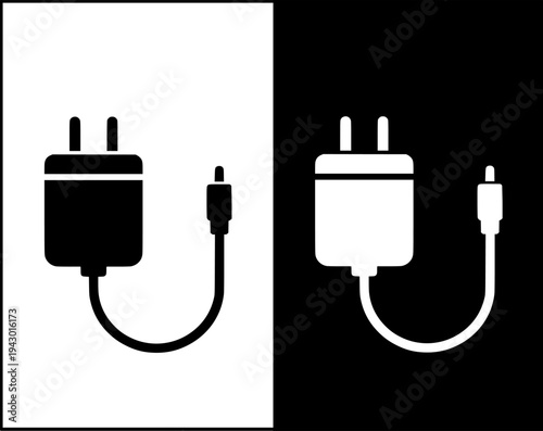 Charging adapter icon set, black and white with original and negative design