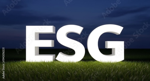 Large white ESG letters standing on grass against a dark sky background