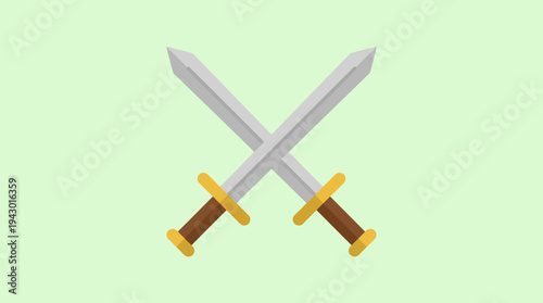 Two cartoon-style silver swords with gold and brown handles crossed on a light green background, symbolizing conflict or medieval themes.
