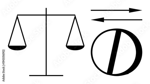 Justice, balance, law, equality, decision-making, integrity. Scales of justice alongside geometric arrows and a divided circle. Justice and balance symbolically