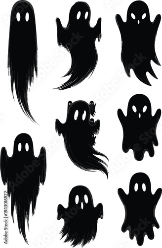 Spooky ghost silhouette collection featuring cute and scary Halloween spirit characters, black spooky phantom vector set isolated on white background for holiday design