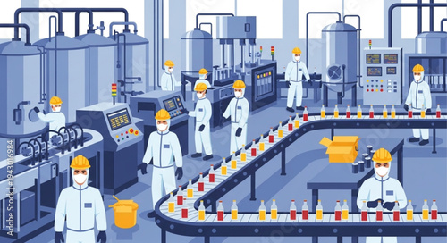 Industrial Factory Workers in White Uniforms.