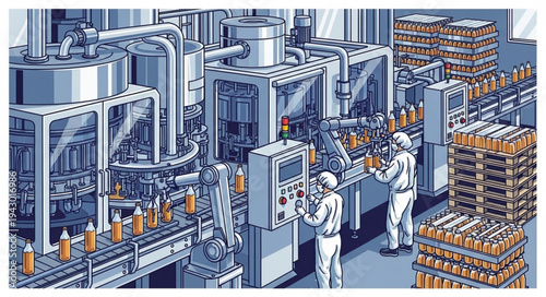 Industrial Factory Workers in White Uniforms.