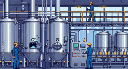 Industrial Factory Workers Inspect Equipment.