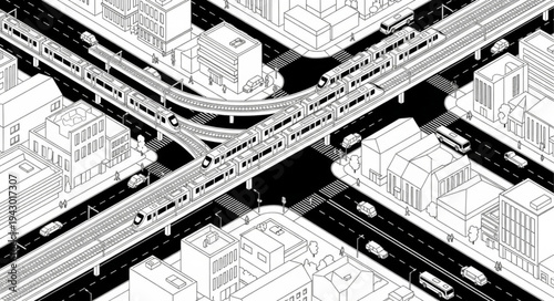 Aerial View of a Busy City Intersection with Elevated Train Tracks.