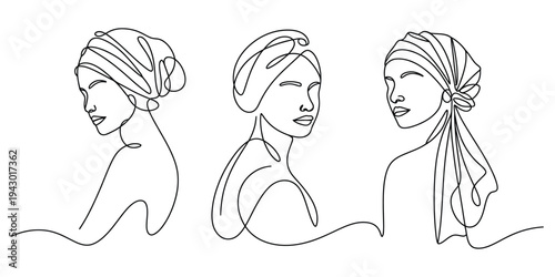 Minimalist Continuous Line Drawing of Women with Elegant Headwraps