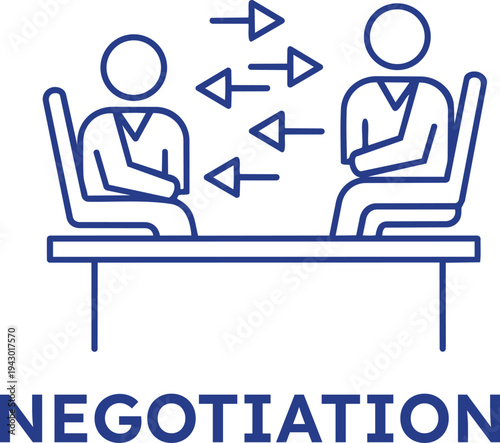 Two people sitting at a table negotiating with arrows indicating communication on transparent background