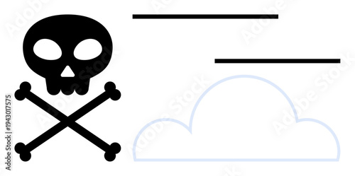 Skull and crossbones beside cloud with lines symbolizing hazard, pollution, or toxic conditions. Ideal for warning, safety, environment, toxicity, caution air quality climate awareness. Simple flat