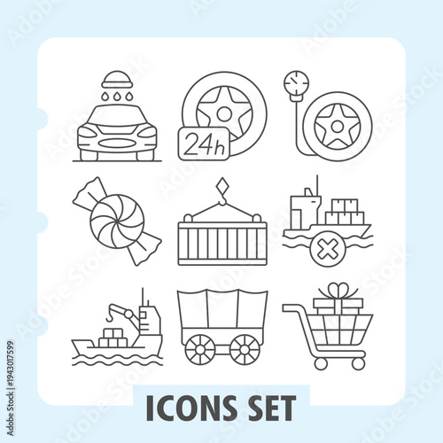Car washing, candy, shipping vessel icons, exploring concepts in automotive services, global logistics and retail commerce. Set of nine thin line icons on white background.