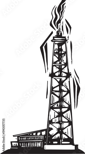 Woodcut style  image of an oil well tower