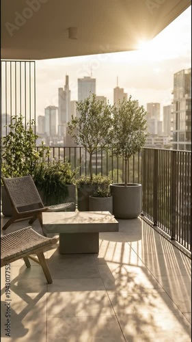 Stylish modern balcony with lounge furniture and potted plants overlooking city skyline. Concept of luxury urban living and contemporary architecture. Vertical video.