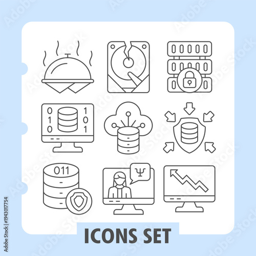 Dish, storage display, storage array icons, set illustrating concepts like data management, cybersecurity, cloud services and financial analytics. Set of nine thin line icons on white background.
