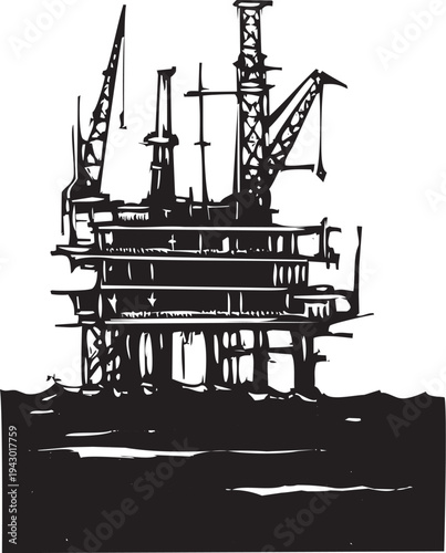 Woodcut style image of an oil rig platform at sea