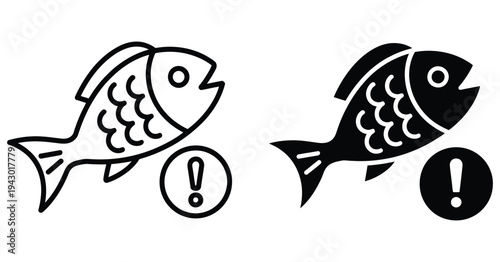 Black and White Fish Icons with Exclamation Mark Representing Environmental Pollution, Water Contamination, Marine Safety, Hazard Symbols, Vector Illustration.
