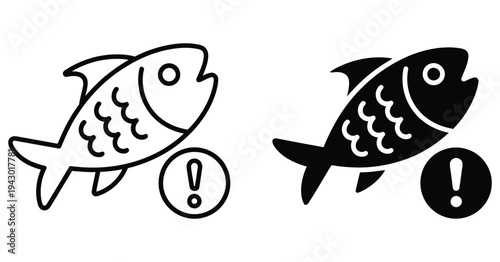 Black and White Fish Icons with Exclamation Mark Representing Environmental Pollution, Water Contamination, Marine Safety, Hazard Symbols, Vector Illustration.