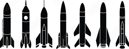 Rocket collection silhouette set, space launch vehicles icons, spacecraft technology symbols, aerospace transportation shapes, black rocket silhouettes flat vector illustration