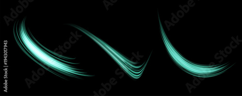 Glowing teal lines set. Neon realistic energy speed. Abstract light effect on a dark transparent background. Vector illustration.